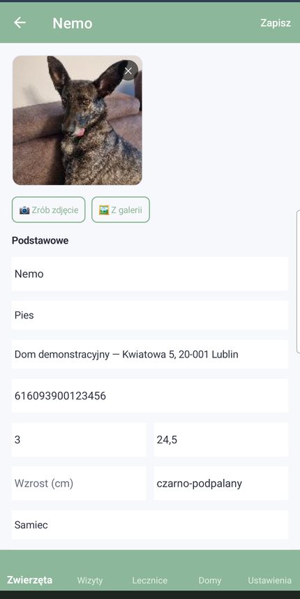 Karta zwierzaka: zdjęcie, dom, chip, wiek, waga i pozostałe dane