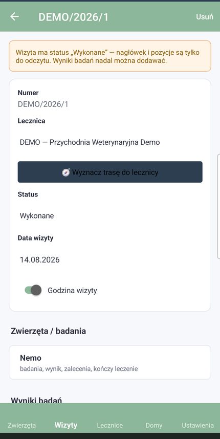 Karta wizyty: lecznica, status, przycisk wyznaczenia trasy i badania zwierzaka